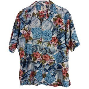 Vintage Pau Hana Hawaii Mens Tropical Floral Hawaiian Shirt Medium Blue Hibiscus